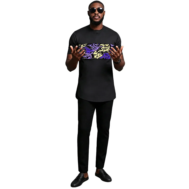 Slim Fit Men's Black Set African Couture Collarless Shirt With Elastic Waist Pant Tailor Made Party Attire