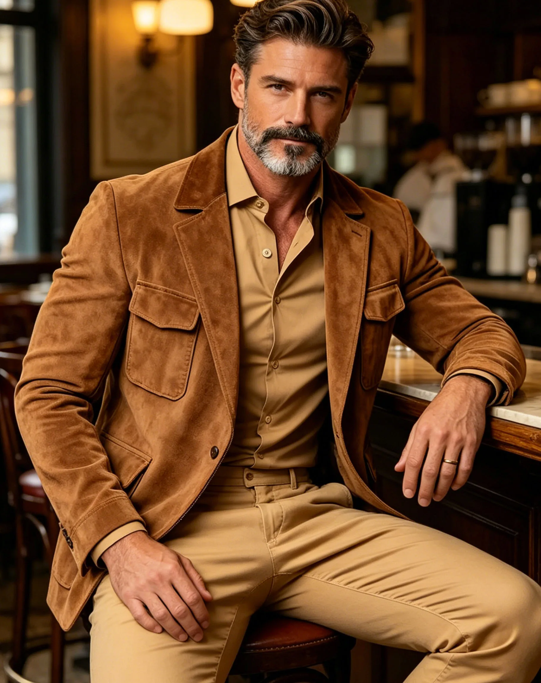 Men's Brown Suede Safari Blazer Vintage Slim Fit  Multi-Pocket Casual Hunting Jacket Fashion Comfortable Sport Coat For Daily image 3