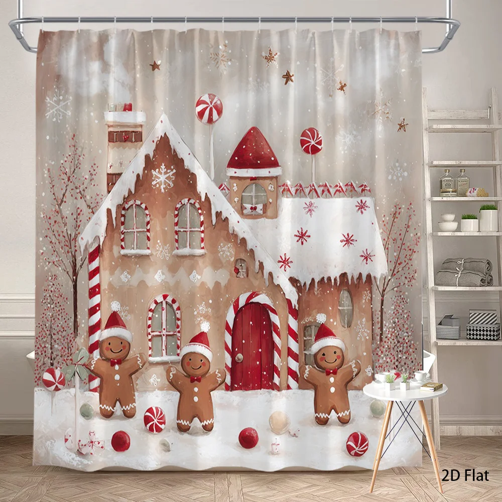 1pc Christmas Gingerbread House & Men Bath Curtain - Winter Wonderland Shower Curtain with Candy Canes, Gingerbread Cookie, Machine Washable Suitable for Bathtub/Shower Enclosure, Bathroom Decor (70.8x70.8 Inch), 2D Flat