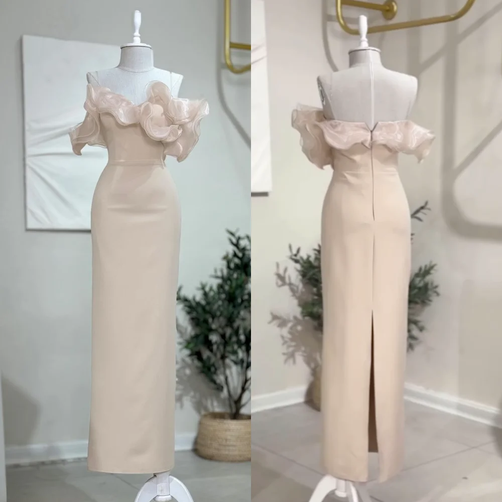 

Customized Jersey Ruffle Sheer Straps Straight Midi Dresses Bespoke Occasion Simple Elegant High Quality Party