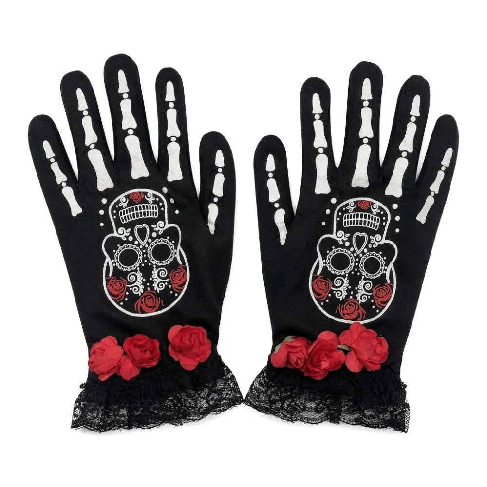 Rose Flower Design Lace Mesh Mittens Luminous Winter Warm Halloween Cosplay Gloves Punk Style Halloween Gloves Dance Costume
