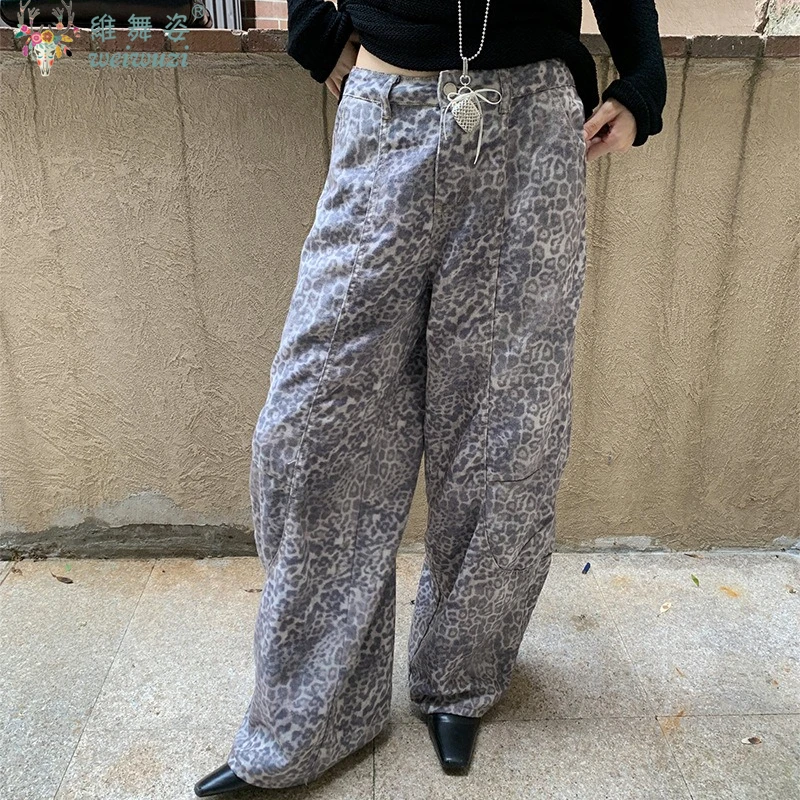 

HOT SALE Women Jeans Leopard Print Baggy Cowboy Trousers High Street Fashion Icon Y2K Wide Leg Denim Pants Autumn Causal Jeans