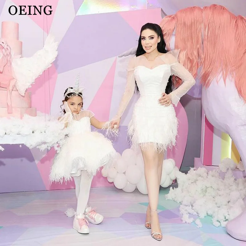 OEING Mother And Daughter Birthday Dresses White Sweetheart Feather A Line Prom Gowns For Birthday Celebrity Formal Party Dress