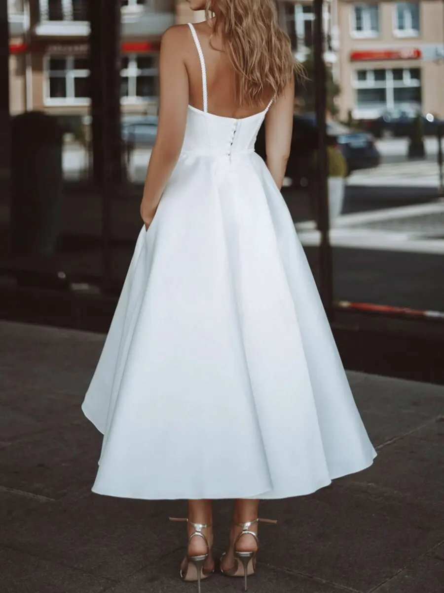 Short White Wedding Tea-Length V-Neck Beach Bridal Gowns Spaghetti Straps Open Back Simple Country Party Dress robes de soirée