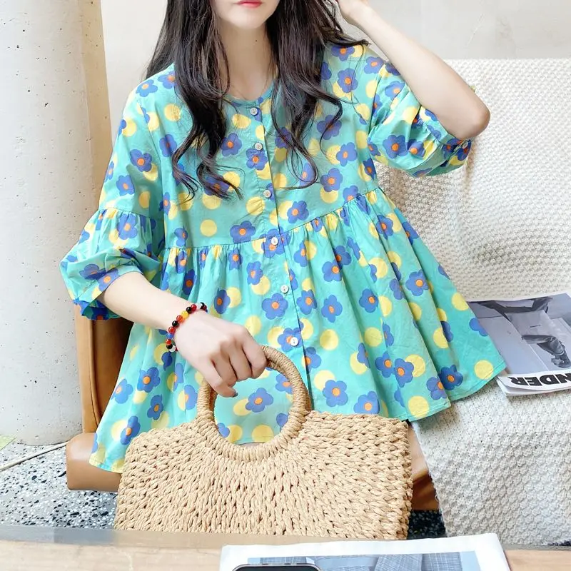 Summer New Round Neck Fashion Half Sleeve Shirt Women High Street Casual Loose Button Cardigan Sweet Printing All-match Blouse