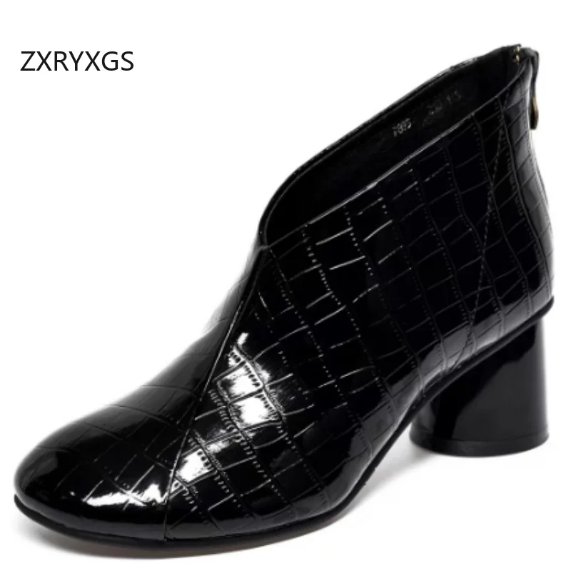 

ZXRYXGS Top Cowhide Patent Leather Short Boots 2025 Temperament Elegant Autumn Winter Boots Women Mid Heel Banquet Wedding Boots