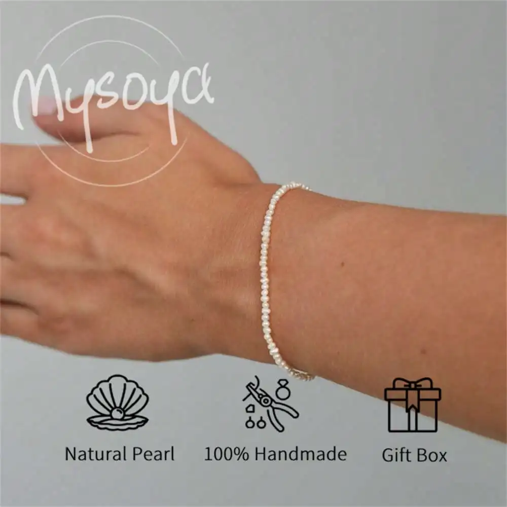 

MYSOYA Mini White Freshwater Pearl Bracelet 3-4mm Pearls Gift Box Gift for Her Wedding/ Christmas/ Birthday/ Anniversary Gift