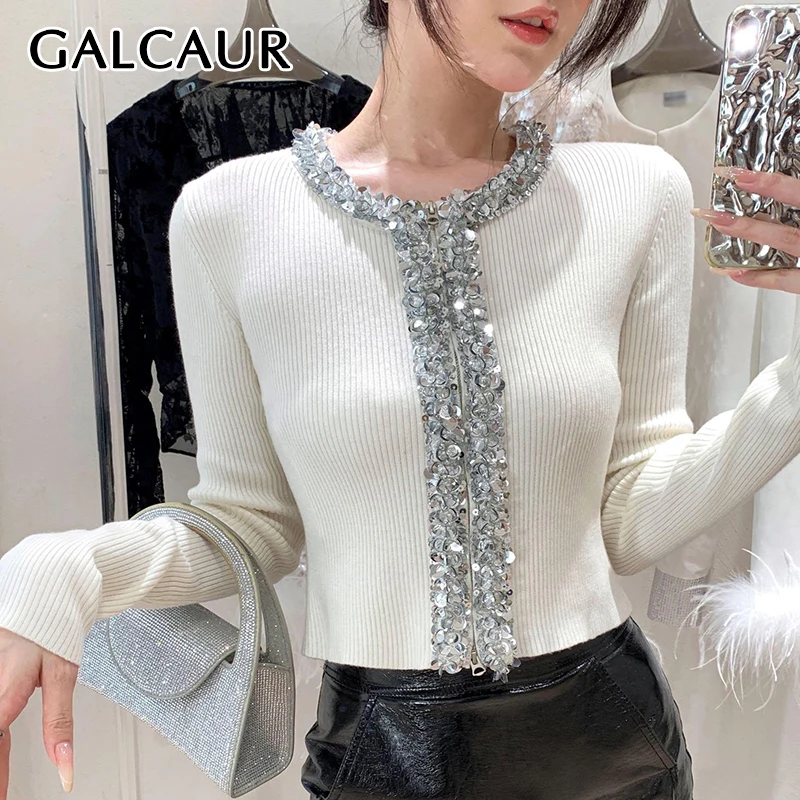 

GALCAUR Solid Patchwork Diamonds Coat For Women O Neck Long Sleeve Spliced Zipper Slimming Fashion Knitted Sweater Female Winter