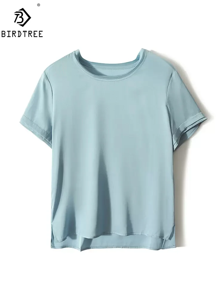 

BirdTree, 92% Mulberry Silk T-Shirt, Women Short Sleeve O-Necks Solid, Elegant Casual OL Loose Tops, 2024 Summer Tees T44323QM