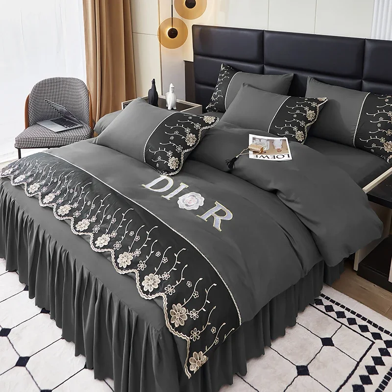 

Light luxury European-style brushed embroidered lace bedspread four-piece set solid color bed skirt four-piece set