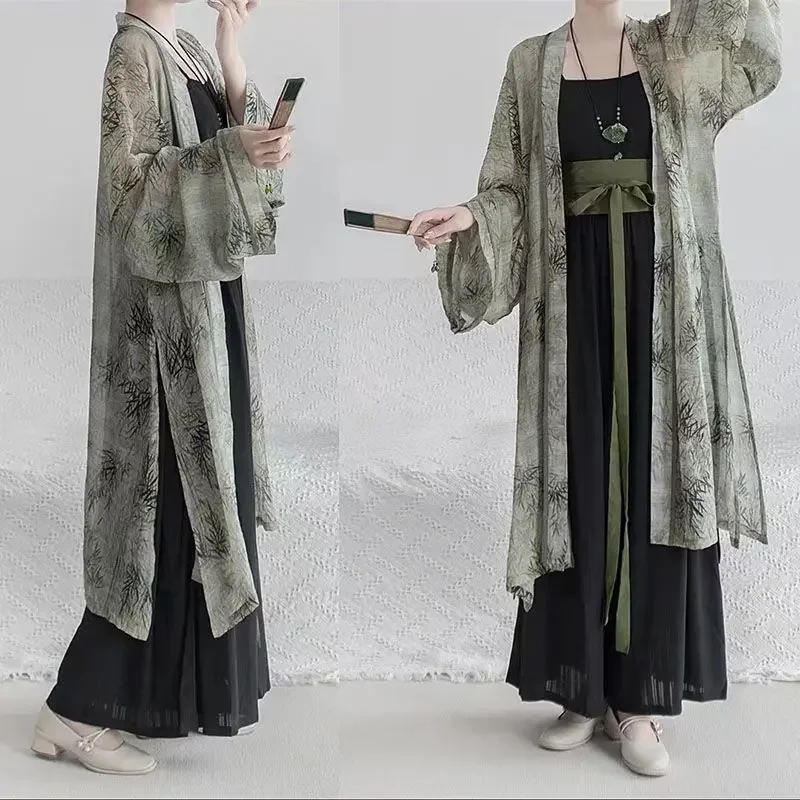 New Chinese Style Hanfu Women Loose Song Dynasty Hanfu 2 Piece Suit Kimono Robe Jumpsuits Vintage Green Chinese Hanfu Costume