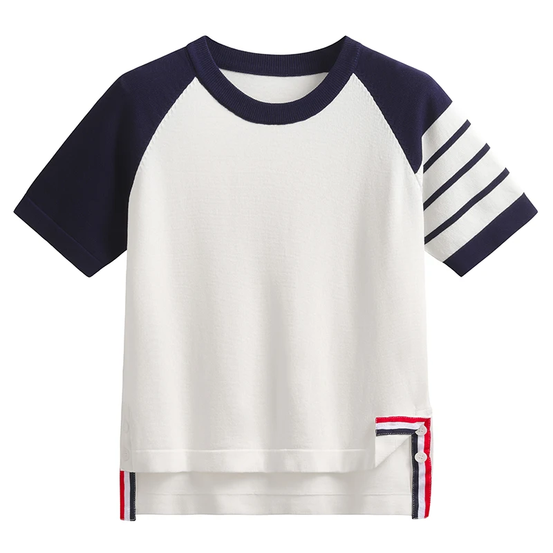 T-shirt ort Sve tricoté en soie glacée fine pour femmes, rond, rayé, couleur Blo College Sle, coupe ample, longueur régulière, été