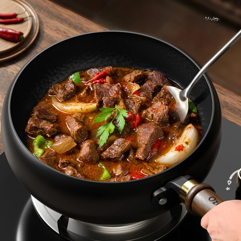 20/24/26/28cm Big Bellied Iron Woks Pan& Stir-Fry Pans with Glass Lid Cookware No Chemical Coated Hand Hammered Chinese Woks