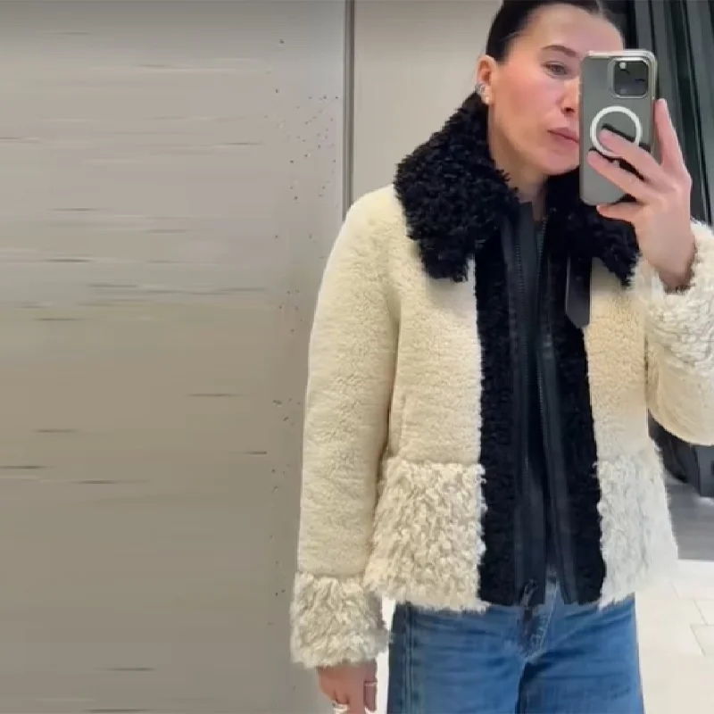 

Лоскутное пальто из искусственного меха для женщин, воротник-стойка, длинный рукав, контрастная верхняя одежда, зимние теплые куртки на молнии, новинка 2025, женские пальто