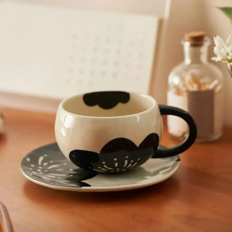 Black Cat Ceramic Coffee Cup Set with Tray High Beauty Light Luxury British Afternoon Tea Set with Handle Cappuccino Mug