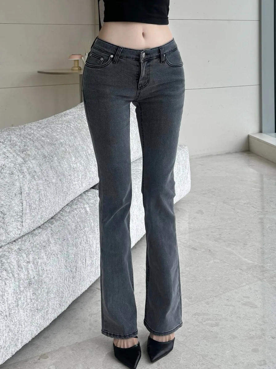 Streetwea Dark Gray Jeans Women Chic High Waisted Elastic Denim Pants Lady Korean Fashion Patchwork Flare Jean Mom