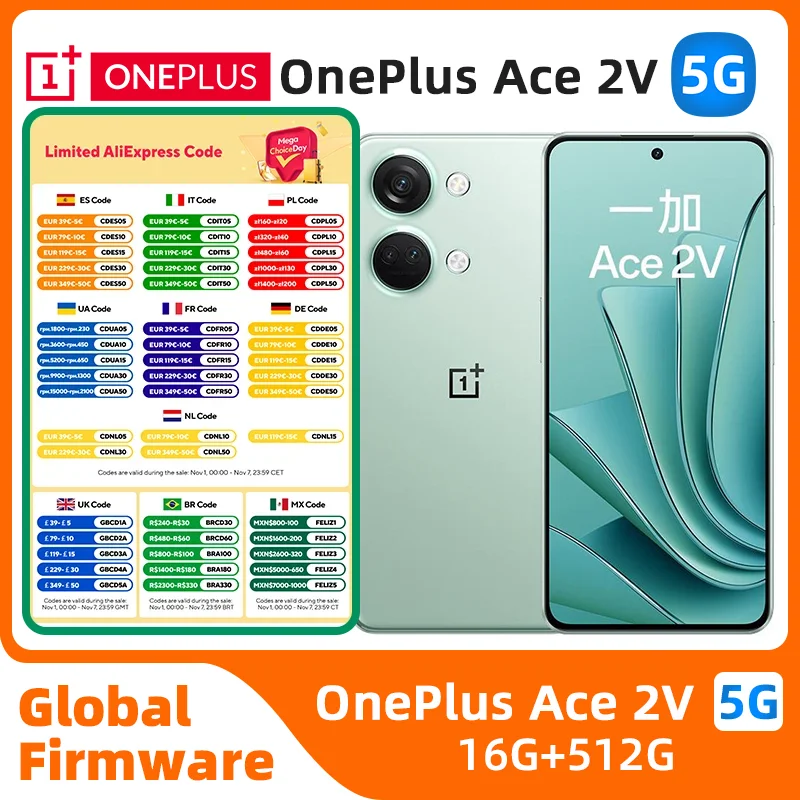 

OnePlus ACE 2V 5G Mobile Phone Dual SIM NFC 6.74'' 16GB RAM 256GB ROM 64MP+8MP+16MP Dimensity 9000 Original used phone