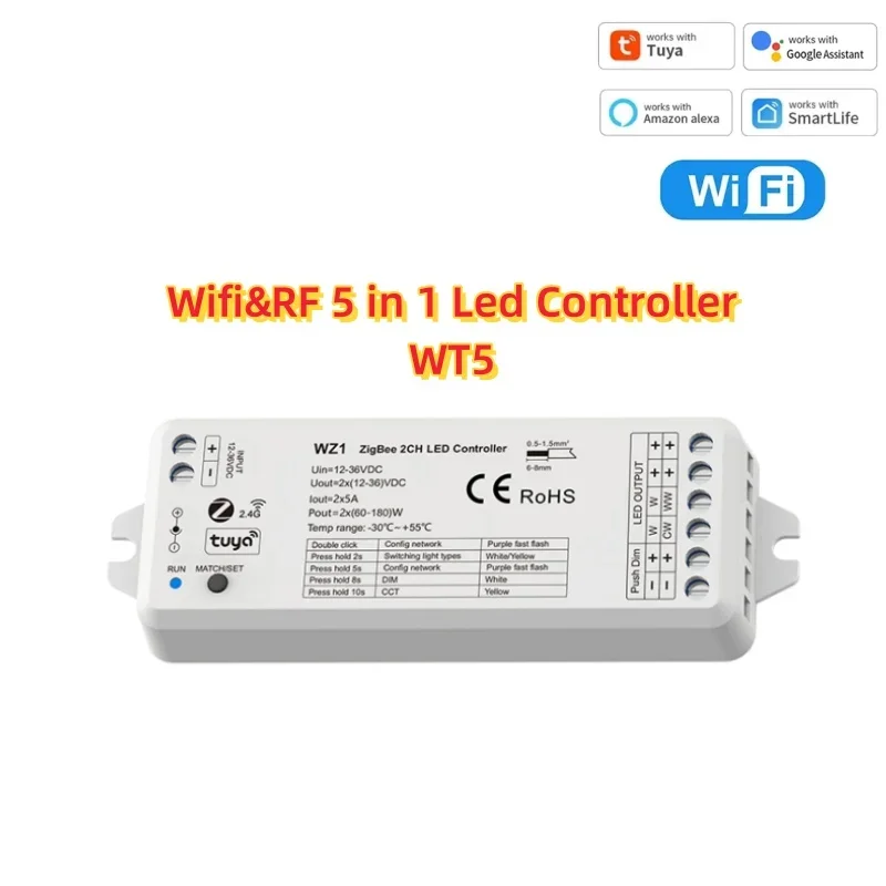 5 in1 RGBCCT Tuya Led Controller WT5 12-24V TW5 T25 RF Wifi Controller Glass Touch Panel Dimmer for CCT RGB RGBW LED Strip Light