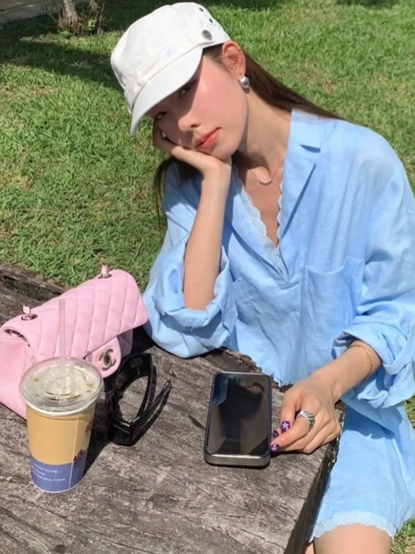 Dongda Gate Middle Length Shirt with Lace Trim Unique Design Women's Fashion Spring Autumn Winter Casual Office Street Style