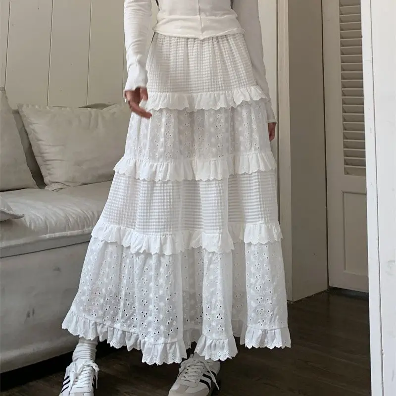 

Hollow Out High Waist White A-line Skirt Summer Loose Solid All-match Sweet Half Length Skirt Fashion Temperament Women Clothing