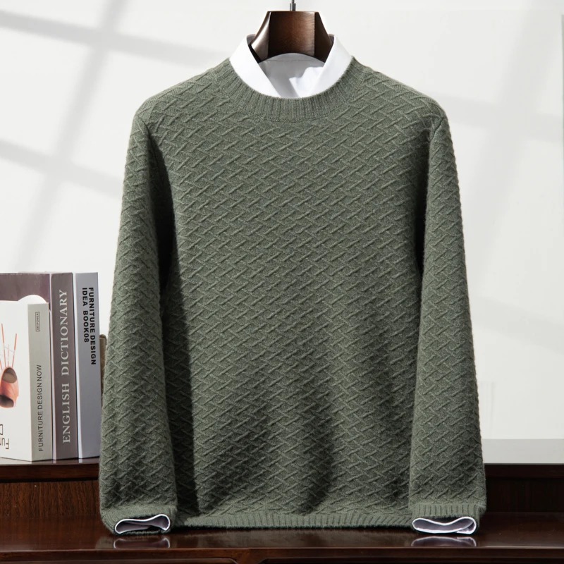 2025 New Thick O-Neck Men's 100% Cashmere Ribbed Pullover Casual Fashion Sweater Autumn Winter Versatile Classic Soft Knit Tops