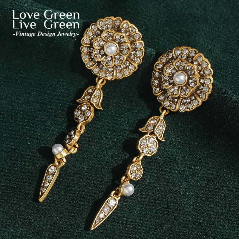 

Luxury Designer Camellia Flower Drop Long Earrings Pearl Gold Color Rhinestones Crystal Dangle Antique Indian Jewelry 2025 New
