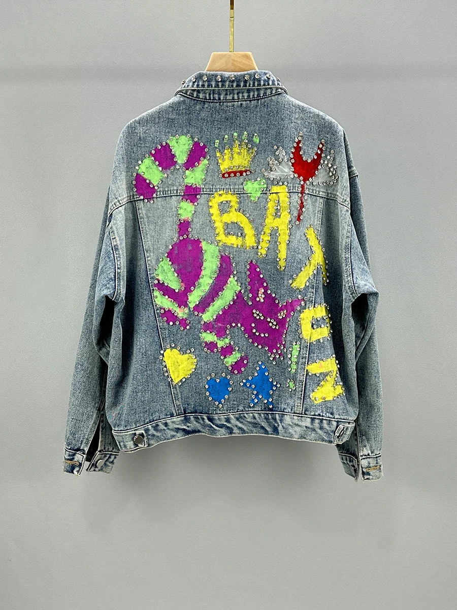 Spring Autumn Rainbow Color Doodle Beaded Denim Coat Gemstones Rivets Jeans Jacket Crystal Cowboy Streetwear Cardigan Tops