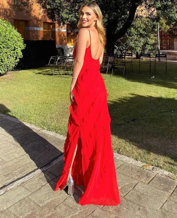 Elegant Ruffles Chiffon Maxi Dresses for Women Backlesss Split Sexy Porm Long Dress 2023 Summer Wedding Party Dress