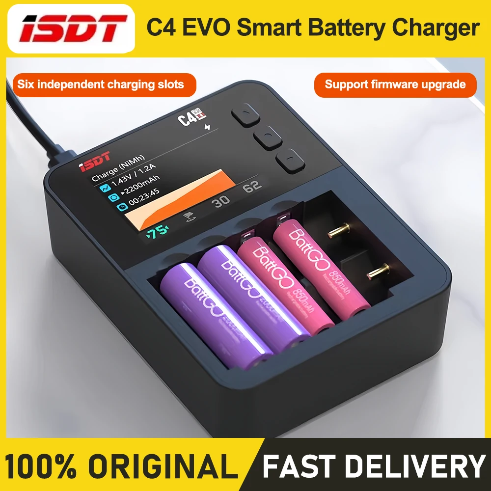 ISDT C4 EVO Smart Battery Charger 6-Slot AA AAA Cylindrical 2.4-inch LCD Screen Independent Charging Firmware Upgradeable