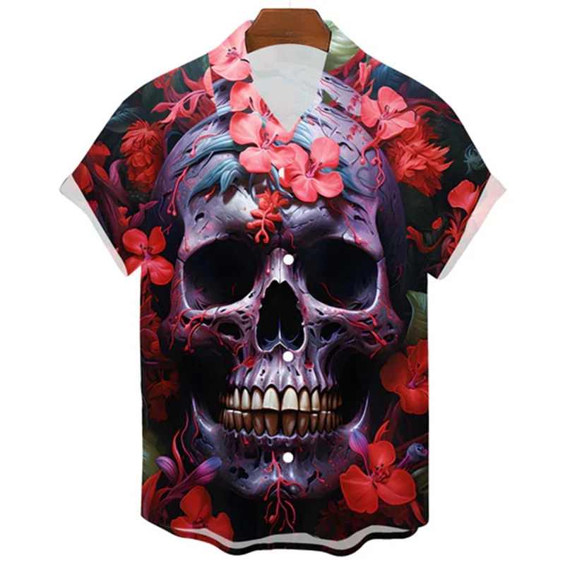 New Vintage Skull 3d Printed Shirt Men's Breathable Shirt Summer Cool Button Shirts Men's Hawaiian Short Sleeve Party Shirt Tops