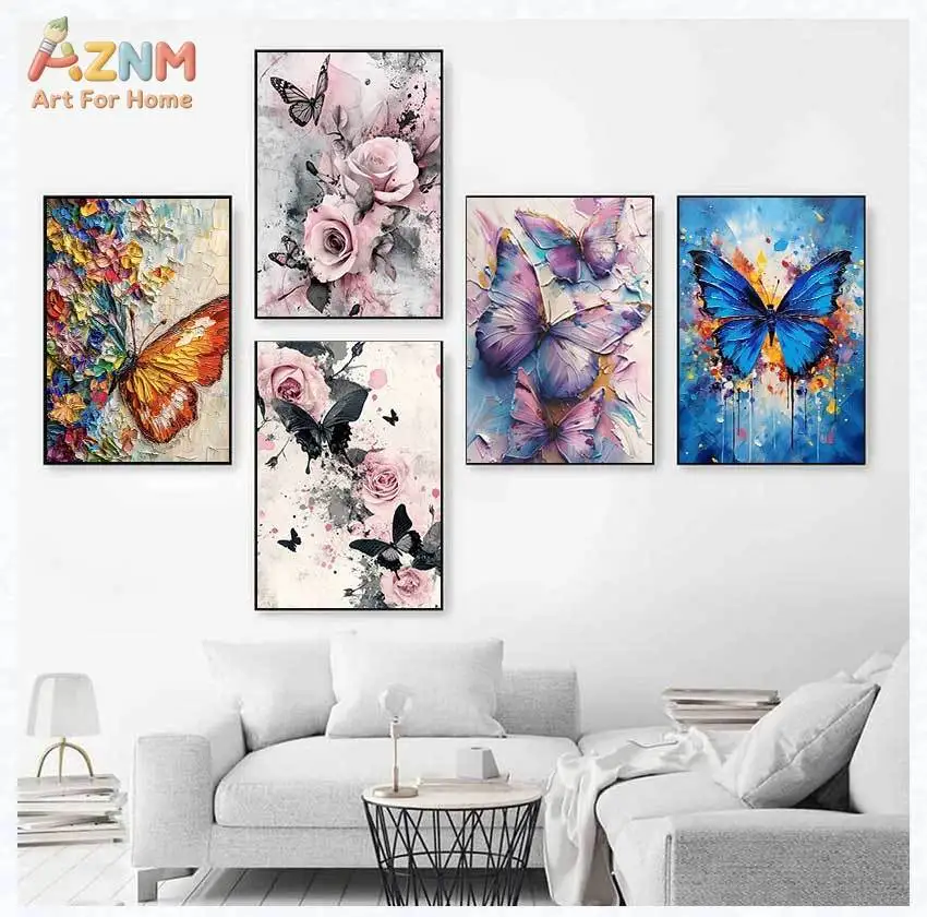 AZNM Multistyle Colorful Butterfly Oil Painting Sketch Print Frameless Canvas Poster Romantic Floral Living Room Wall Art Decor