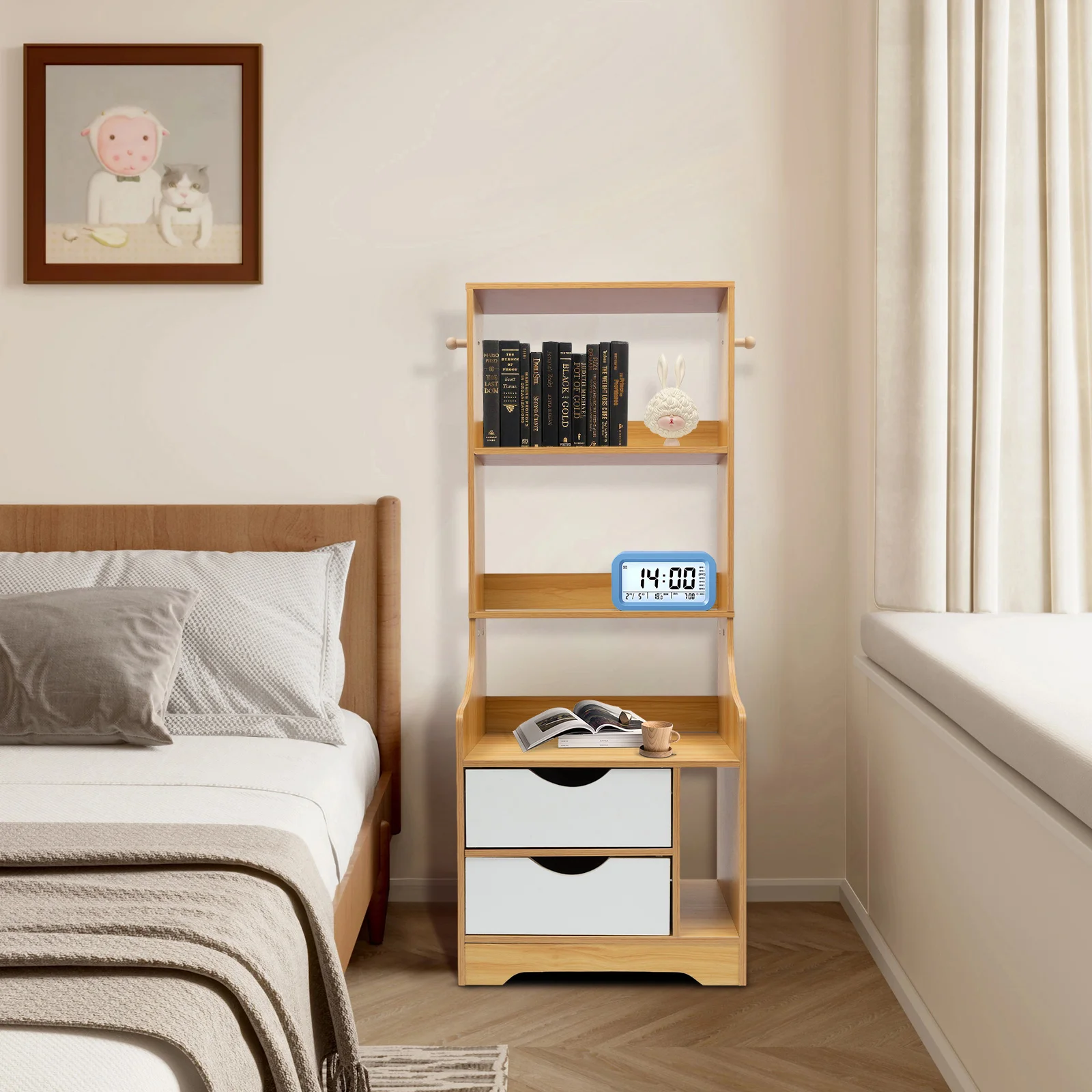 Bedside Table Bookshelf 3 Tiers Tall Nightstand with 2 Drawers Wooden Open Shelf Bookcase