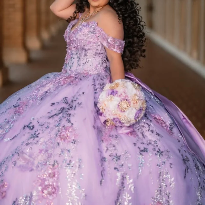 

Purple Quinceanera Dress glitter flower Decal Long tail Big Bow luxury Vestidos De 15 Quinceanera ﻿Customize
