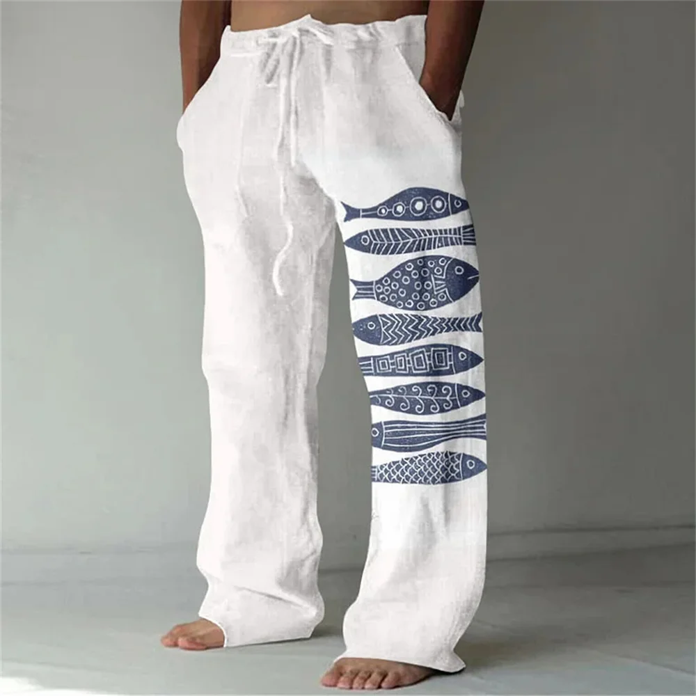 الربيع والصيف أزياء الكارب 3D الرقمية المطبوعة السراويل الساق المستقيمة الرجال الكتان عارضة تنفس الرياضة السراويل واسعة الساق