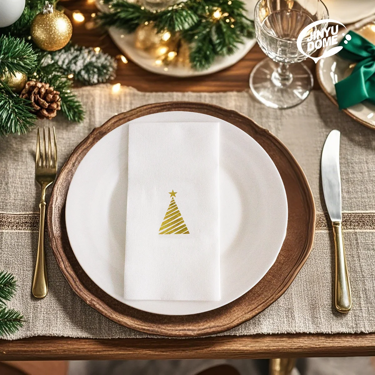 25/50 Stück Weihnachtsbaum-Dinner-Servietten mit Goldfolie und Leinengefühl, 16,9 x 11,8 Zoll, umweltfreundlich, für elegante Partys, Cafés, Veranstaltungen