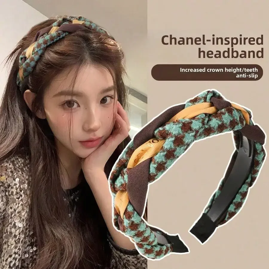 

1Pc Plaid Twisted Wide Headband, Non-Slip High Crown, Daily Versatile Hair Accessory