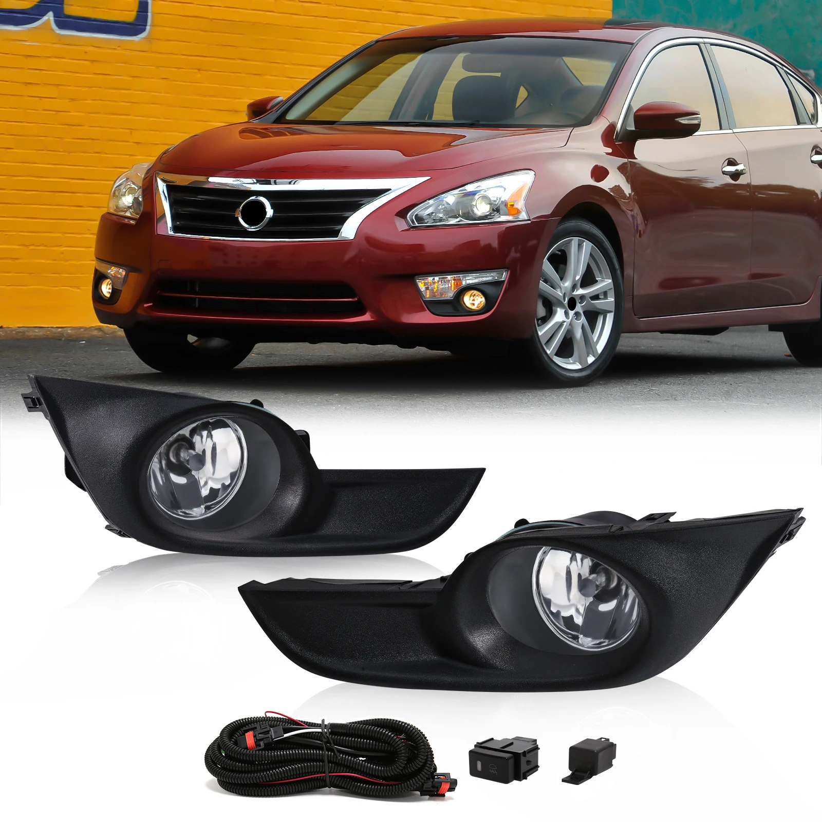 

Противотуманная фара для Nissan Altima 2013, 2014, 2015, дневные ходовые огни, задний бампер, черная деталь, провода, переключатель, автомобильные аксессуары