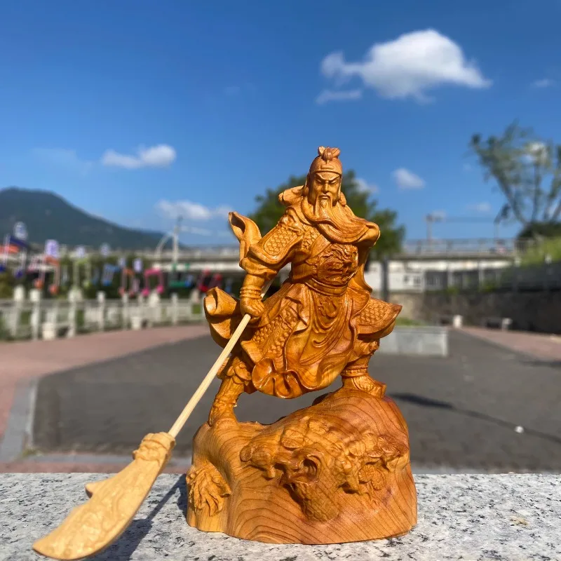 Hand-Carved Wooden Guan Gong Statue, Guan Yu God of War & Wealth Figurine, Feng Shui Protector for Home Office Altar Decor