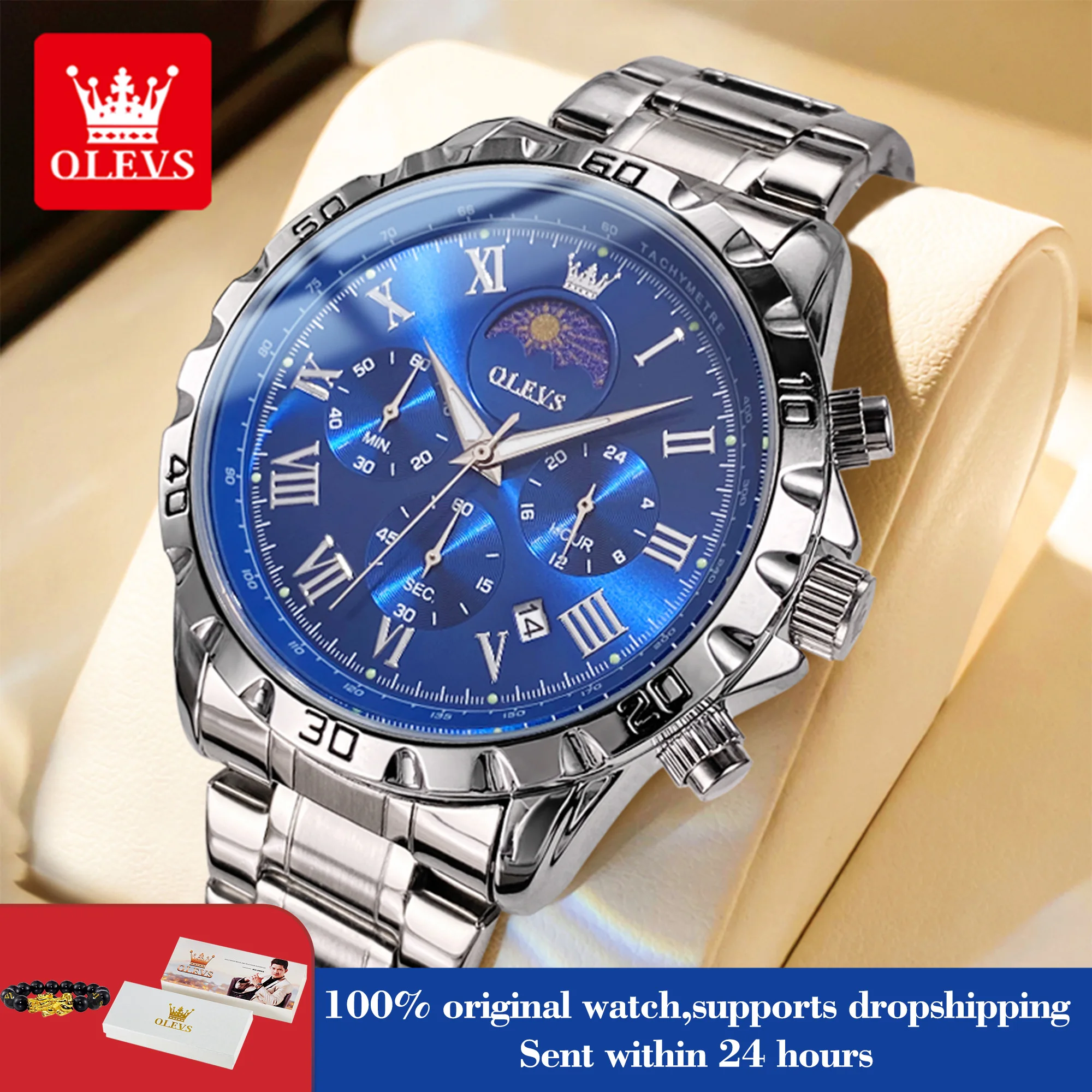 

OLEVS 2950, мужские часы, модные кварцевые часы с фазой Луны для мужчин, римская шкала, оригинальный водостойкий хронограф, мужские ручные часы с датой