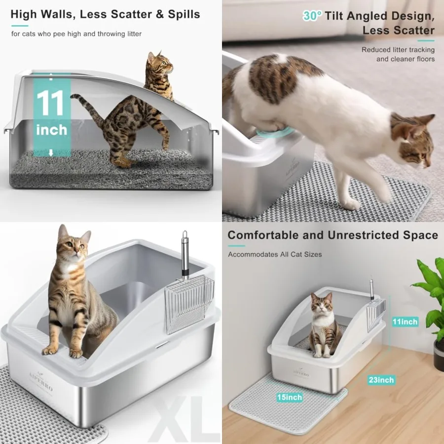 

Stainless Steel Litter Box XL Enclosed Cat Litter Boxes with Lid for Big Cats High Sided, Anti-Urine Leakage Non-Stick Bottom a