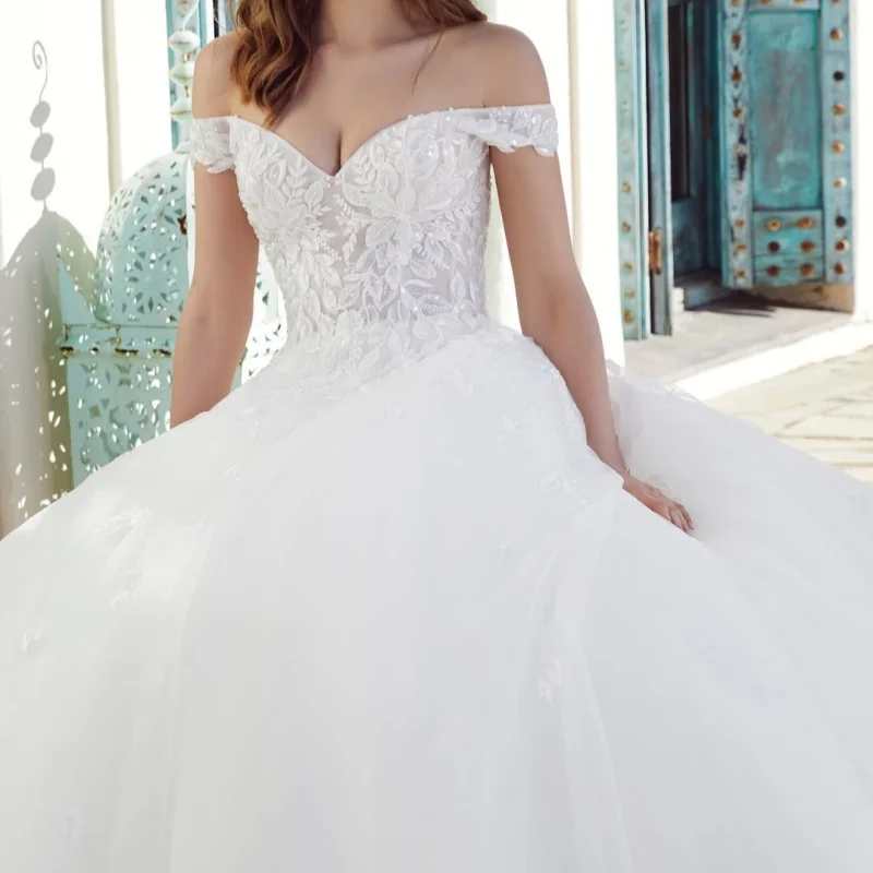 Simple White Appliques Wedding Dresses off-shoulder A-line Glitter Crystal Decal Long tail Bridal Gowns Made Customized