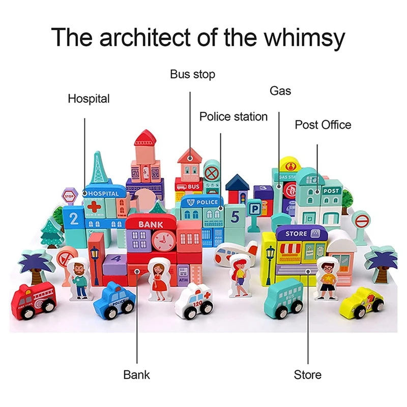 나무 빌딩 블록 세트, 도시 건물 쌓기 인지 교육 장난감, 3 세 이상 남아 및 여아용, 108 개
