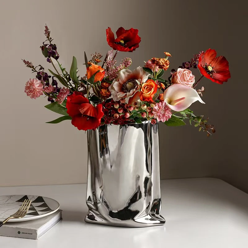 Nordic creative pleated ceramic vase, silver glossy textured flower ware, modern home interior decoration ornament