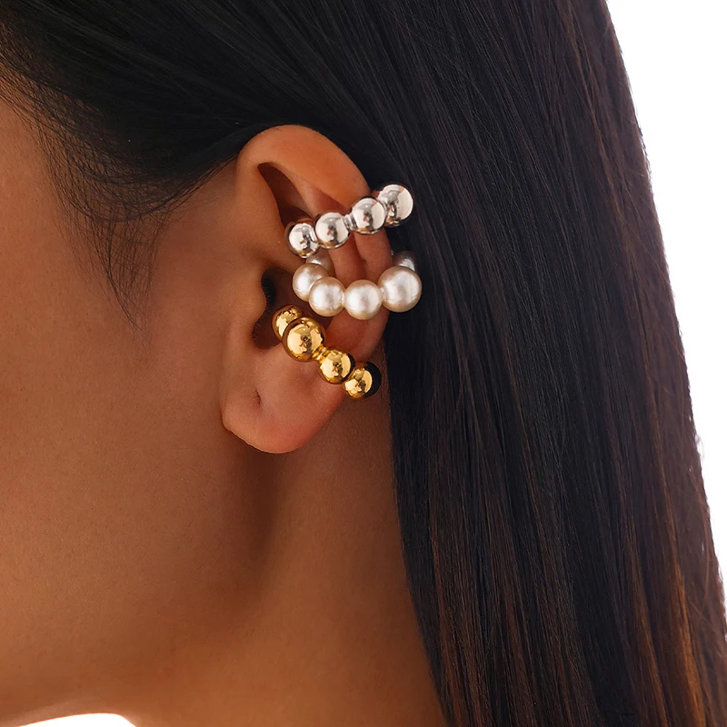 Punk Vintage 3Pcs C-Shaped Ear Clip For Women Simple Pearl Acrylic Small Round No-Pierced Earring Female Party Jewelry
