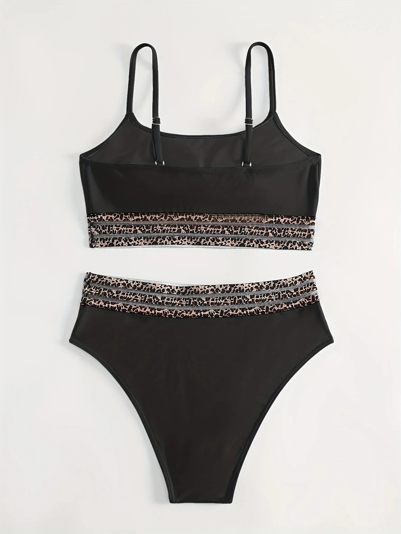 Conjunto de Bikini de retales de leopardo, traje de baño de 2 piezas para mujer, traje de baño Sexy negro de cintura alta con cuello en U y tirantes sin espalda, novedad de 2025