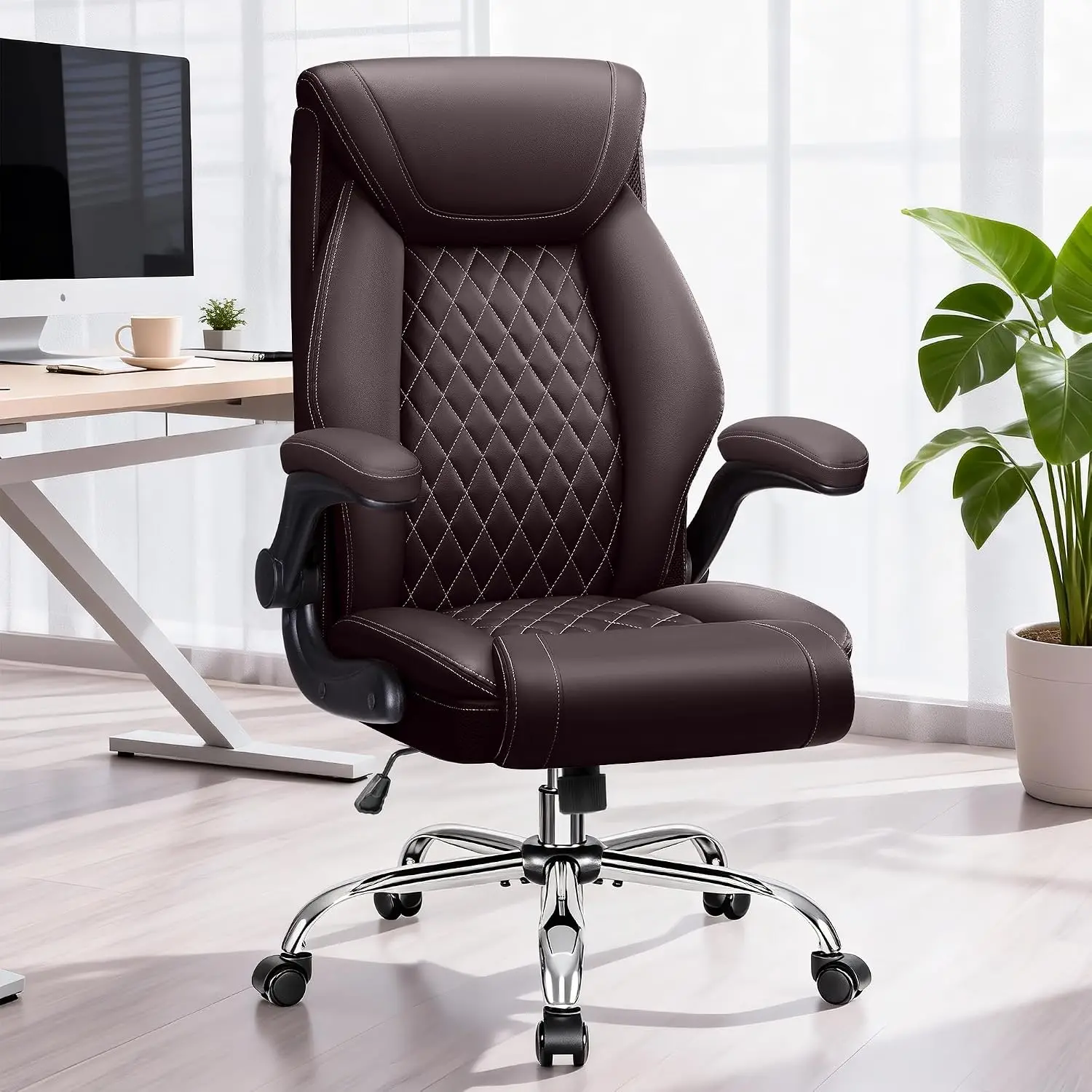Ergonomic Leather Office Chair with Rocking, Lumbar Support & Flip-Up Armrests, Big & Tall Chair for Home Office, Customized