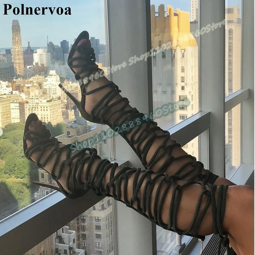 

Сексуальные женские босоножки на шпильке с кружевной шнуровкой, на высоком каблуке, с открытой пяткой, на молнии сзади, для повседневной носки и вечеринок, стильные женские сандалии