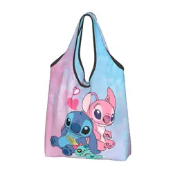 Custom Funny Stitch Angel Shopping Tote Bags Portable Disney Anime Grocery Shoulder Shopper Bag