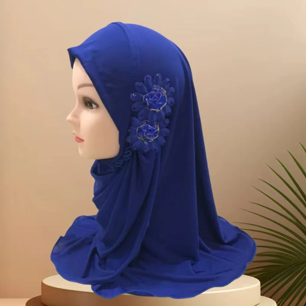 

Solid Flowers Head Children Hijabs 50cm Turban Girls Muslim Hijab Prayer Hat Head Wrap Elastic Islamic Scarf Shawls