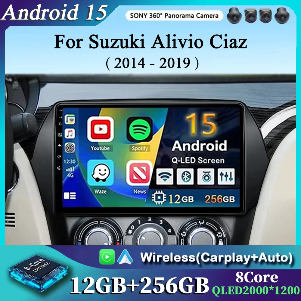

Для Suzuki Alivio Ciaz 2014-2019 2K 12 + 256 QLED Android 15 CarPlay автомобильный радиоприемник мультимедийный видеоплеер GPS стерео головное устройство